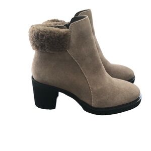 Diba Margaret Suede Sherpa Trim Suede Bootie Sz 6~2.5” Lug Sole Taupe Dressy